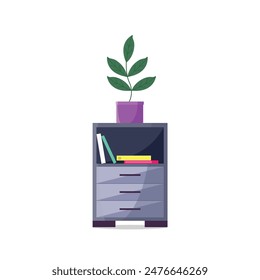 Bedside table with books and plant. Vector illustration in flat style