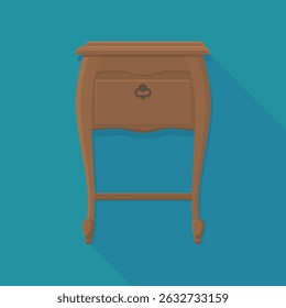 Bedside table front view in flat design style on blue background with long shadow