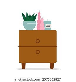 Bedside table with a houseplant and scented candles. Interior design. Vector illustration