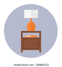 Bedside table isolated icon on background. Wooden furniture for bedroom. Table with night lamp. Flat style vector illustration. 