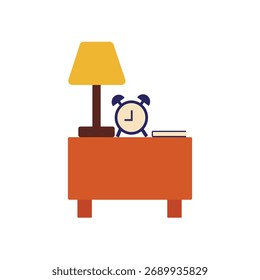 Mesa de cabeceira com lâmpada despertador e livro