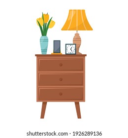 Bedside table with lamp, phine, vase with flowers, clock, vector illustration