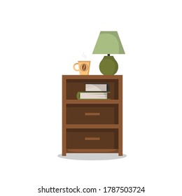 Bedside table with table lamp, stack of books, cup of coffee. Furniture home, elements of interior for bedroom or living room. Flat style vector iIllustration