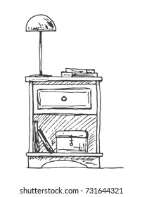 Bedside table with a lamp. Vector illustration in sketch style.