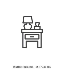 Bedside Table line icon. linear style sign for mobile concept and web design. Bedside table with lamp and tissue box outline vector icon. Symbol, logo illustration. Vector graphics