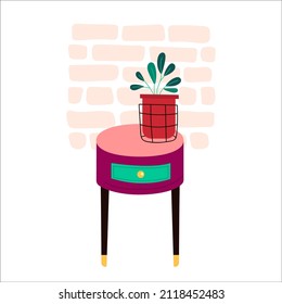 bedside table with long legs in flat style.colorful bedside table for a cozy interior of the bedroom and living room.hand drawn furniture with potted plants and brick wall.