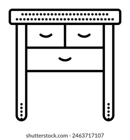 Nachttisch mit langen Beinen und drei Schubladen, Frontansicht, schwarze Linie in einer Vektorgrafik, Kontur monochrome Zeichen