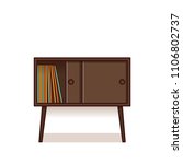 Bedside table, nightstand with vinyl records inside. Vector. Outline furniture icon in flat design. Linear retro illustration in line art style. Vintage house equipment isolated on white background.
