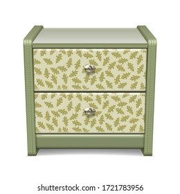 Bedside table with a pattern, green with metal handles. Mockup for home interior. Isolated on a white background. Vector illustration.