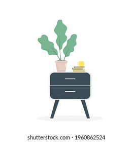 Bedside table with plant, books, cup. Furniture for bedroom or living room. Vector illustration isolated on white background. 