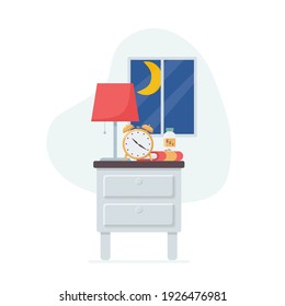 Bedside table with sleeping pills. Vector illustration isolated on white background.