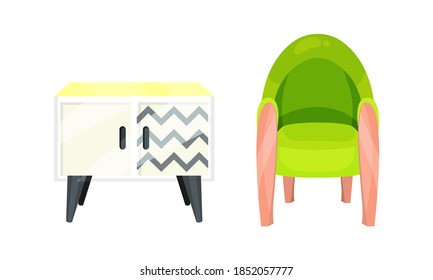 Bedside Table and Soft Armchair as Room Interior Item Vector Set