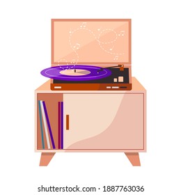 Bedside table ,  turntable for vinyl record. Interior design for cozy lounge room in comfortable apartment. Vector retro record player