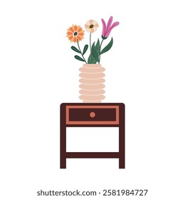Bedside table with vase and bouquet of flowers. Vector illustration of furniture item for bedroom, living room interior