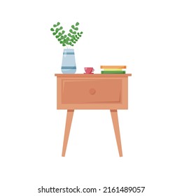 Bedside table with a vase, a cup and books vector illustration. Bedroom furniture isolated on a white background