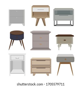 Bedside tables set. Illustration for creating an interior for games. Mockups for design from different angles. Isolated on a white background. Vector illustration.
