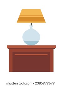 Mesa de madera con lámpara para la lectura o la creación de un ambiente acogedor. Documentos de madera aislada cajón con dispositivo de iluminación. Elementos interiores para dormitorio o salón. Vector de estilo plano