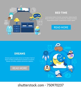 Bedtime attributes and night dreams symbols flat round compositions 2 horizontal banners webpage design isolated vector illustration 