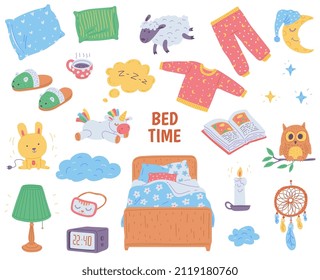 Bedtime collection of items and icons hand drawn flat vector illustration isolated on white background. Bundle of icons or stickers with bed and sleep accessories.