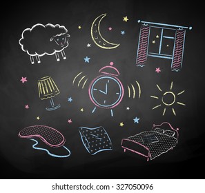 Bedtime color chalked hand drawn vector sketches on black chalkboard background. 