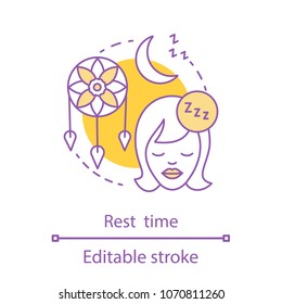 Bedtime concept icon. Sleeping idea thin line illustration. Rest time. Vector isolated outline drawing. Editable stroke