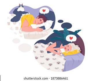 Bedtime conversations.Couple in love chatting in messenger, exchanging love messages before going to sleep. Distance relationships, online acquaintance. Guy and girl lie in their beds and talk nicely.