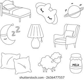 Bedtime doodles illustration hand drawn collection set. Sleeping time cartoon vector illustration. Milk, bed, pillow, sheep, moon, lamp, sleeping mask, sofa, planet