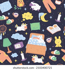 Bedtime and dreams - cute childish seamless pattern, flat vector illustration. Background for kids with concept of sleeping in the night with bed, sheep, unicorn, dreamcatcher and pajama.