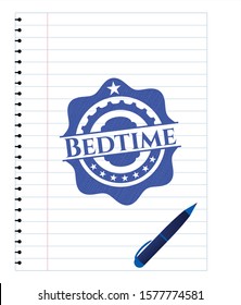 Bedtime emblem draw with pen effect. Blue ink. Vector Illustration. Detailed.