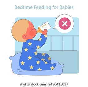 Bedtime Feeding for Babies. Illustration highlighting the risks of nighttime bottles, promoting oral health awareness from infancy.