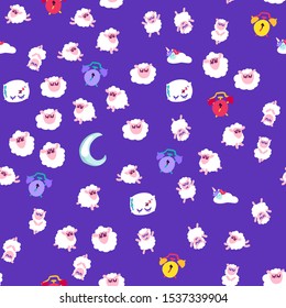 Bedtime, good night sleep vector seamless pattern. Cute dreaming animals. Wallpaper flat design
