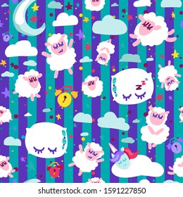Bedtime, good night sleep vector seamless pattern. Cute dreaming animals. Wallpaper flat design