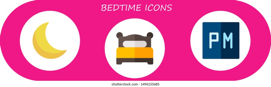 bedtime icon set. 3 flat bedtime icons.  Collection Of - crescent moon, bed, night