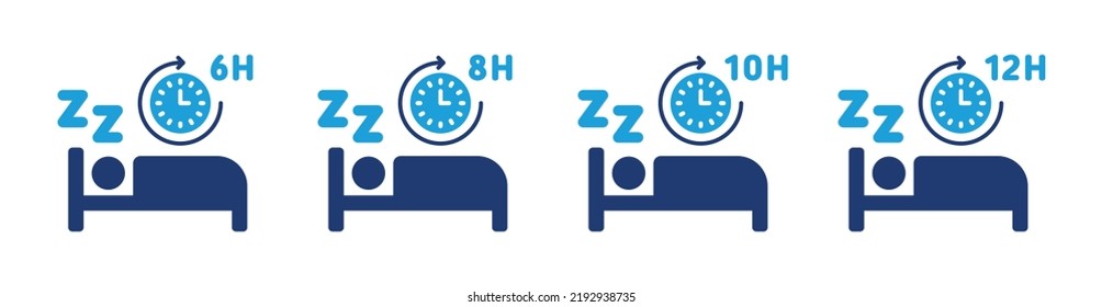 Icono de tiempo de la cama, ilustración de conjunto de vectores. Tiempo de espera con símbolo de reloj de 6, 8, 10 y 12 horas.