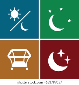 Bedtime icons set. set of 4 bedtime filled icons such as playpen, moon and stars