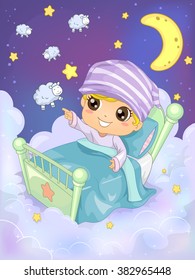 Bedtime Illustration of a Kid Trying to Count 10 Sheep to Sleep - eps10
