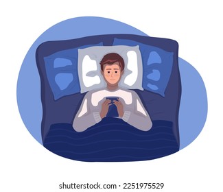 Bedtime mobile phone use 2D vector isolated illustration. Drowsy boy using smartphone while lying down flat character on cartoon background. Colorful editable scene for mobile, website, presentation