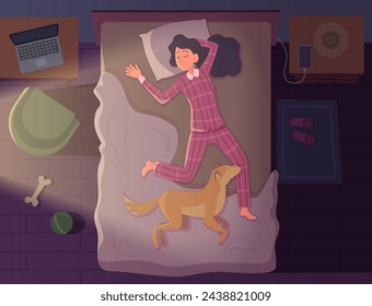 Bedtime people. Lying characters top view illustrations of couples and kids sleeping time in bed exact vector cartoon background