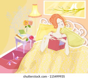 Bedtime Reading - Cute strawberry-blond girl in a romantic sunny bedroom, reading a book in bed