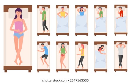 Coleção de descanso para dormir. Pessoas dormindo em várias posições, incluindo personagens de meninas, meninos e adultos. Vetor de desenhos animados com roupa de cama acolhedora, colchão e postura noturna pacífica para conforto e saúde