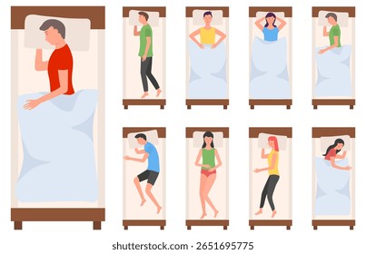 Bedtime rest collection. Sleeping people in various positions including girl, boy and adult characters. Cartoon vector set with cozy bedding, mattress and peaceful night posture for comfort and health