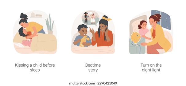 Bedtime rituals for kids isolated cartoon vector illustration set. Kissing a child before sleep, listen bedtime story, parent tell fairy tale, turns on the night light, childhood vector cartoon.