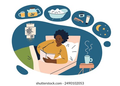 Bedtime rituals vector illustration, sleep hygiene concept. Woman in bed with book, relaxing evening routine, night tea, bath, skincare. Cozy bedroom composition with moon, wellness and self care