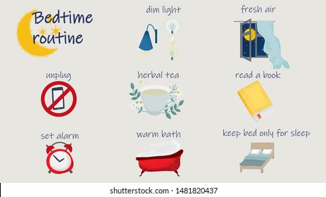 Bedtime Routine For Better Sleep. Vector Illustration Of Tips To Improve Night Rest And Health.