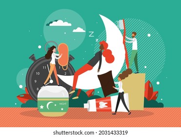 Bedtime routine. People preparing for bed, flat vector illustration. Advices for good and healthy sleep.