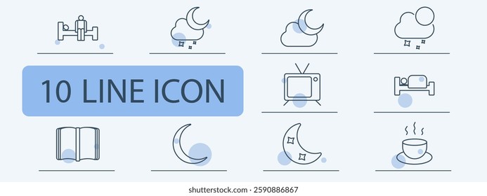 Bedtime set icon. Sleeping, night sky, moon and stars, television, reading book, coffee, relaxation, dream, rest, comfort.