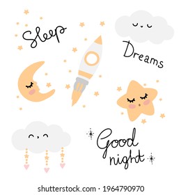 bedtime set with lettering on the white background