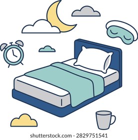 Bedtime sleep and night routine concept vector illustration with bed alarm clock and moon relaxation nighttime beverage furniture interior mattress wellness lifestyle illustration collection