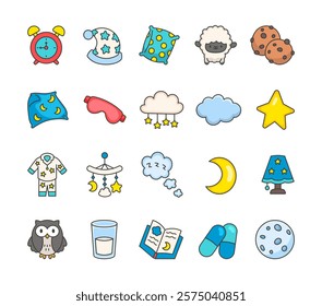 Bedtime sleep object set with cute illustrations of pillow, cloud, star, moon, pajamas, sheep, cookies, nightcap, mobiles, eye mask, blanket, and dreamy accessories for relaxation