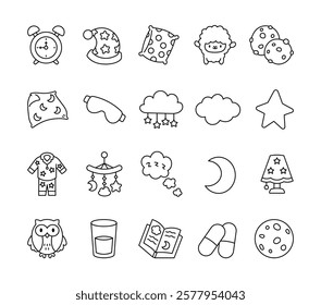 Bedtime sleep object set with cute illustrations of pillow, cloud, star, moon, pajamas, sheep, cookies, nightcap, mobiles, eye mask, blanket, and dreamy accessories for relaxation